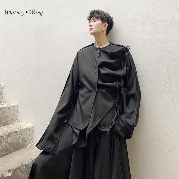 

whitney wang 2020 spring fashion streetwear designer style ruched lace up asymmetrical shirt men blusas women's blouse, White;black