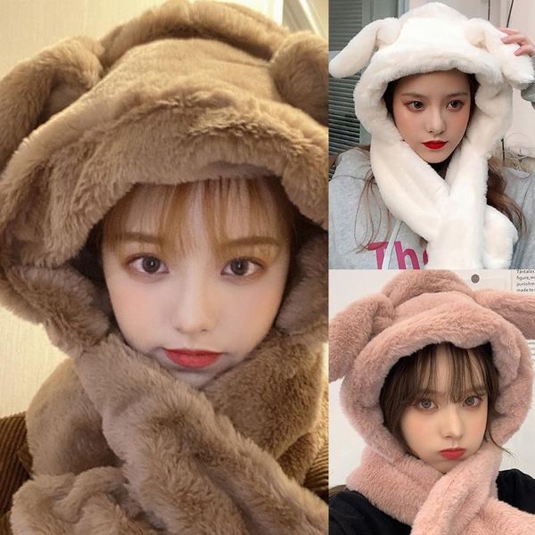 

fluffy plush earflap hat with moving ears warm beanie cap scarf n0he, Blue;gray