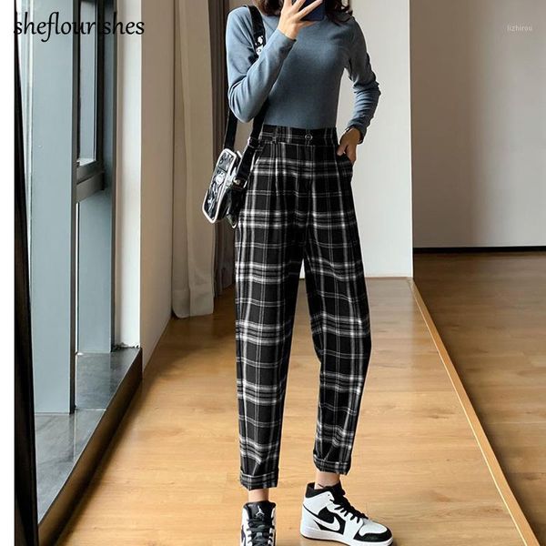 

fall high waist pants women autumn trousers vintage plaid pants joggers women tweed black korean trousers streetwear1, Black;white
