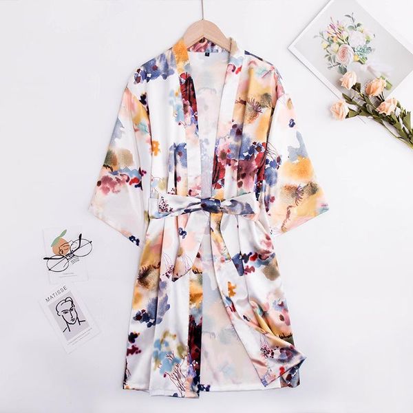 

ice silk pajamas women's summer silk nightgown women's summer bathrobe printed home clothes thin bath robe robes for women1, Black;red