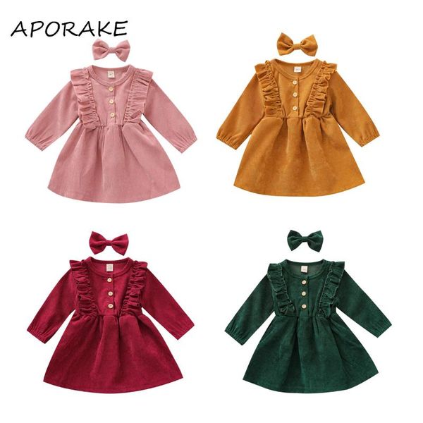 

2021 0-5y spring baby girl corduroy dress high-waist midi long sleeve round collar ruffle button princess pleated dress+headband, Red;yellow