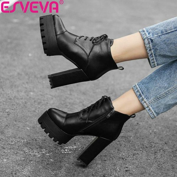 

esveva 2020 woman basic boots zipper ankle boots shoes platform 3cm square high heels autumn ladies shoes round toe size 34-42, Black
