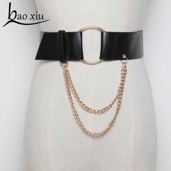 

2020 новый брюки кисточкой цепи пояс пряжки металла панк модные женщины упругие дамы моды кожа waistband jeans платье пояса, Black;brown