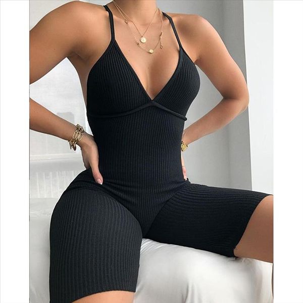 

dropshipping hang band v neck ribbed bodysuit overalls women backless shorts romper fitness clothes summer skinny jumpsuits, Black;white