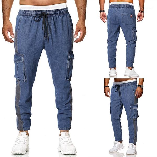 

fashion men's loose baggy jeans trendy feet harem pants cotton joggers hip hop trousers man clothes multi pocket casual overalls1, Blue