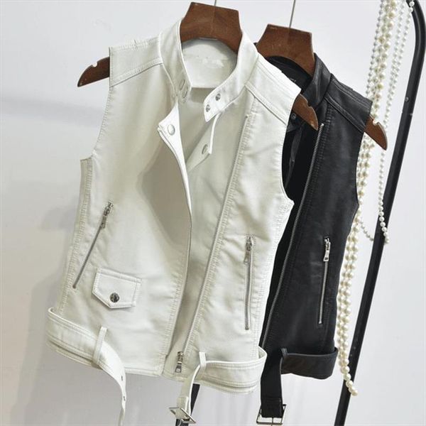 

lady oversized motorcycle zippers embossed pu vest slim rivet waistcoat pu veste leather abrigo manteau women fall leather vests, Black;white
