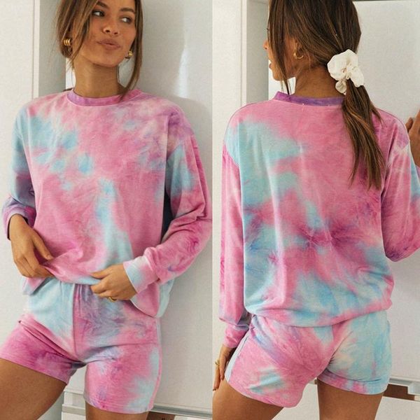 

women home set tie dye long sleeve shirt and shorts outfits casual suit loose 2 piece sets, Gray
