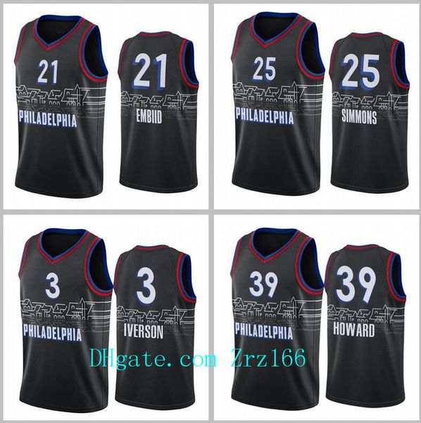 

мужчины филадельфичности команда джерси бен симмонс 3 iiverson 21 embiid 2020 21 # 00 city black boathouse row jersey, Black;red