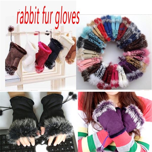 

hand warm girl leather fashion rabbit winter fingerless gloves w017