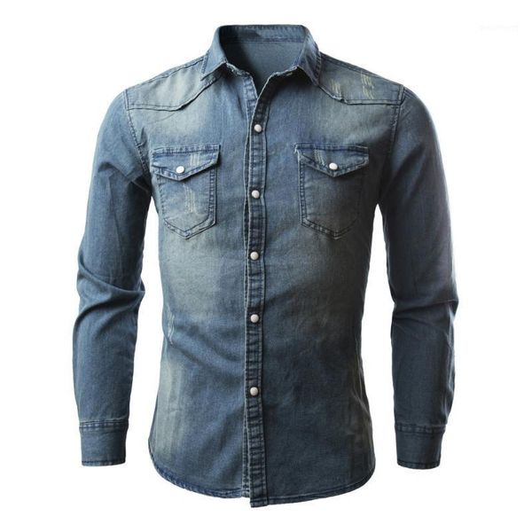 

2020 autumn denim shirt men cotton jeans shirt slim fit long sleeve cowboy stylish wash asian plus size1, White;black