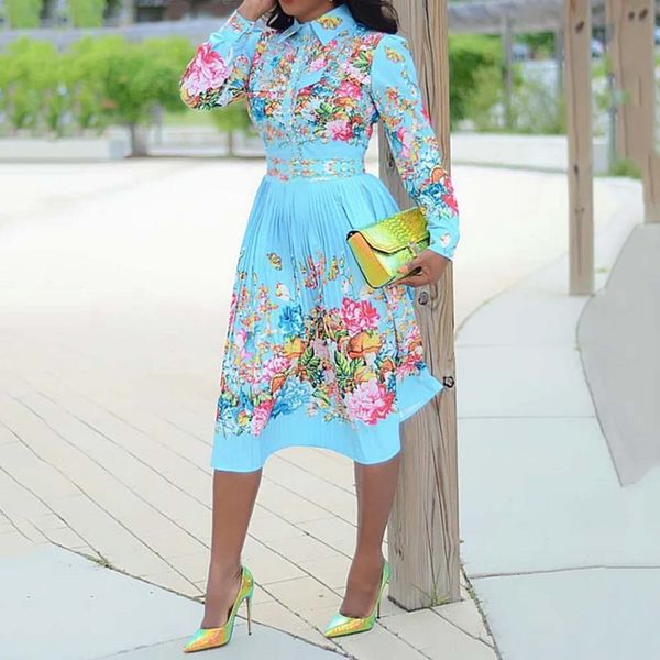 

summer long sleeve women pleated floral print dress 2021 elegant female plus size african office ladies vintage midi dress retro x0521, Black;gray