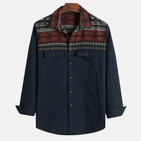 

casual men's shirts camisa cool handsome ethnic style printed long sleeve shirt men turn-down collar double pockets male blouse1, White;black