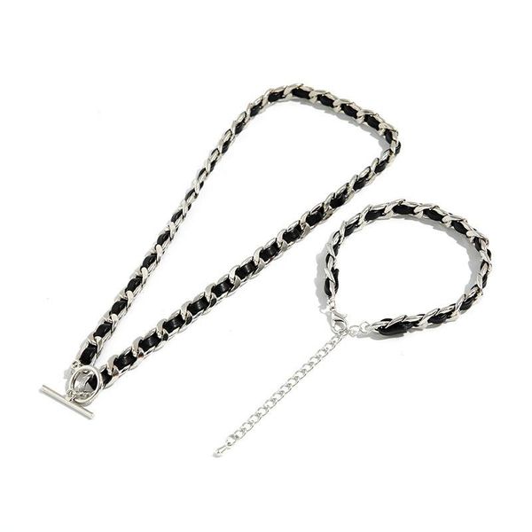 

chains 2021 fashion punk necklace black leather ot buckle letter woman man gold sliver colour designer bracelet set, Silver