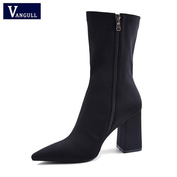 

boots vangull ankle elastic sock women 2021 autumn stretch chunky high heels square 9cm female booties pointed toe, Black