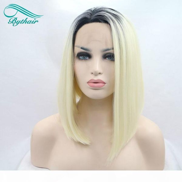 

bythairshop blonde bob hair wig ombre synthetic lace front wigs heat resistant fiber with dark roots for women, Black
