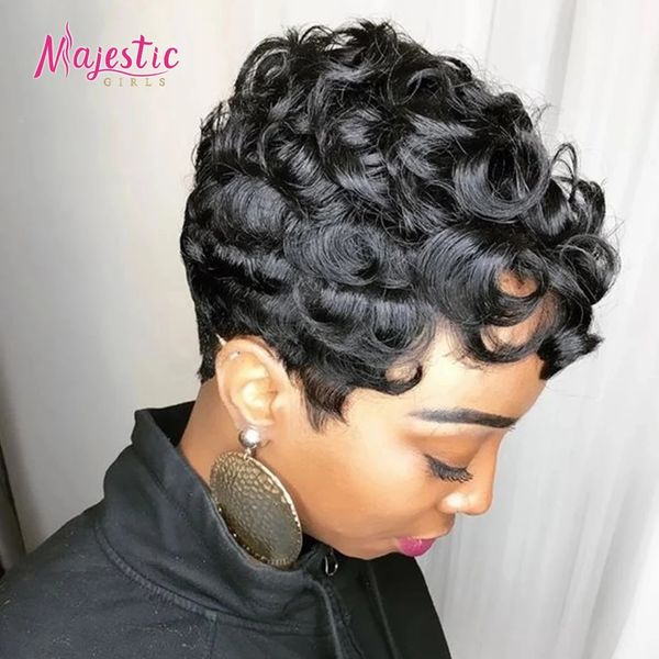 

lx brand pixie cut wig human hair short curly bob wigs finger wave wig retro wig for women full machine remy human hair wigsfactor, Black