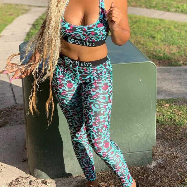 

ethika 2020 new fitness active wear sleeveless two pieces print set women deep o-neck tacksuit 2 pieces long pant sets1, Gray