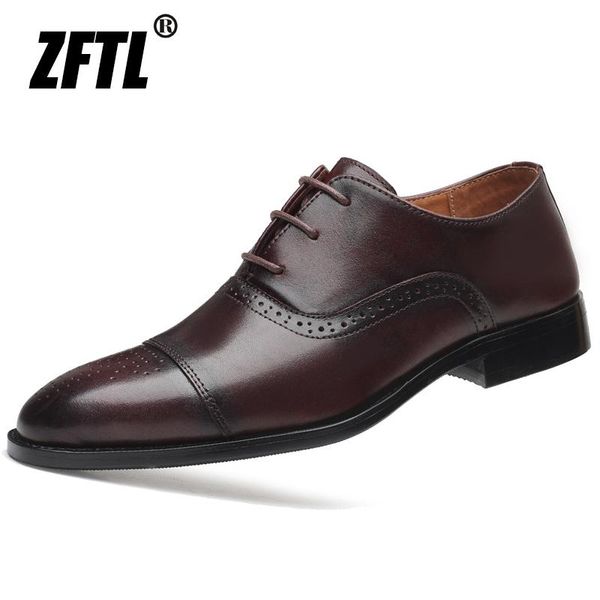 

zftl men's dress shoes brogue shoes genuine leather man business male oxford men's formal lace-up, Black