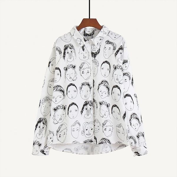 

2020 summer blouse shirt female cotton face print full sleeve long shirts women ladies blouses, White