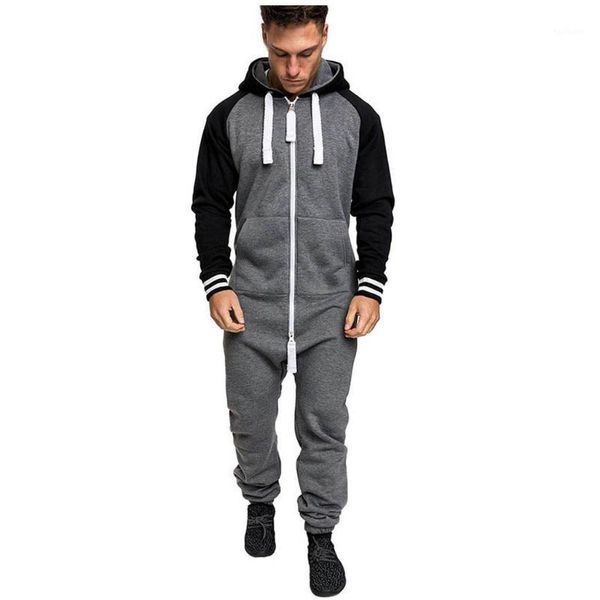 

autumn and winter men's fashion solid color stitching hooded sweater jumpsuit stylish men's loose zip overalls#a31, Black