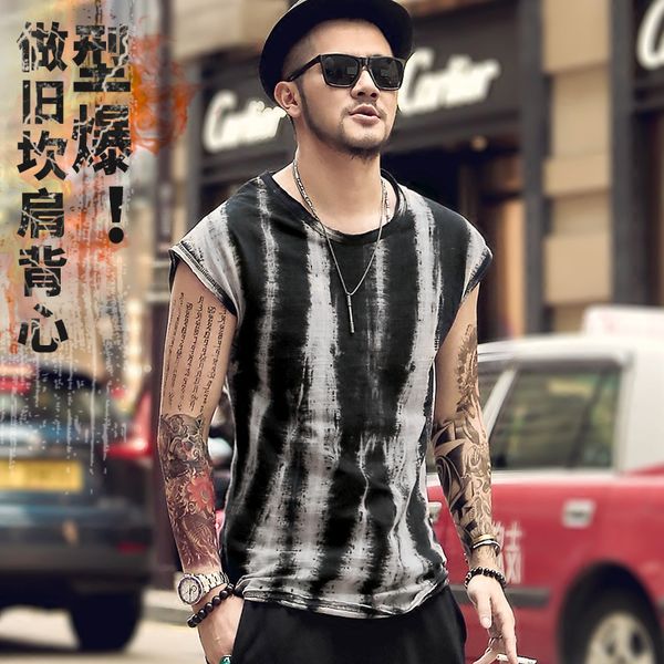 

2021 the new men's new sleeveless summer shirt of the retro black tie dye shoulder broad male casual vest loose street style t417 8pg8, White;black