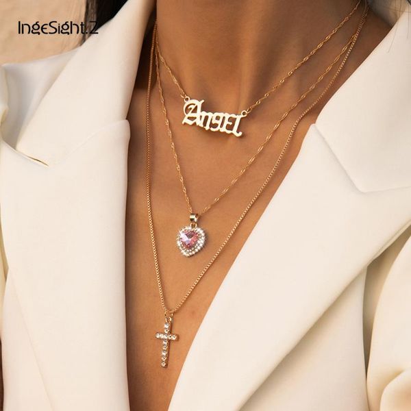 

ingesight.z 3pcs/set multi layered rhinestone love heart cross pendant necklace initial letter choker necklace for women jewelry, Silver