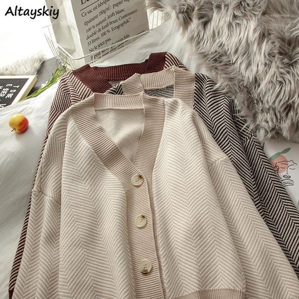 

women's knits & tees cardigans womens single breasted striped v-neck korean style elegant ladies loose fashionable stretwear daily fema, White