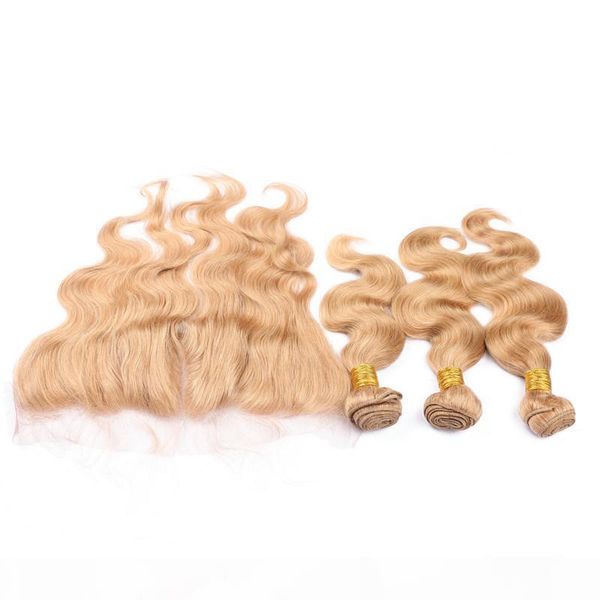 

middle part #27 honey blonde 13x4" ear to ear full lace frontal closure with 3bundles body wave virgin peruvian strawberry blonde hair, Black;brown