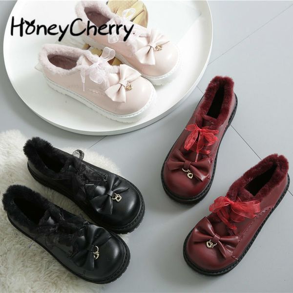 

women falt japanese department spring and winter round head lolita thick base plus cotton girl lovely sweet princess shoes c1120, Black