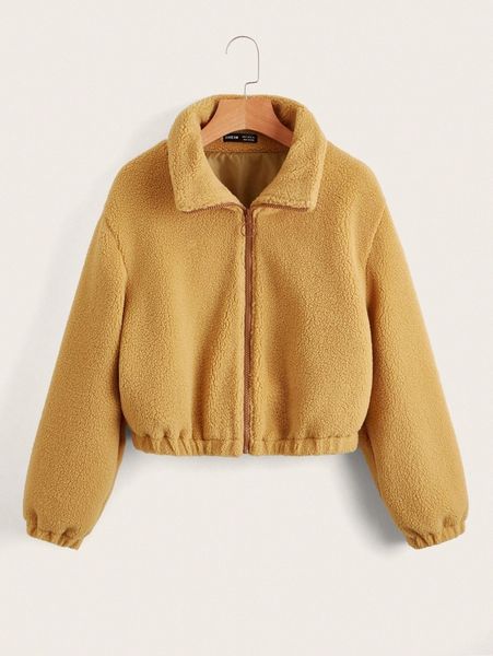 

zip up drop shoulder teddy jacket q73u#, Black;brown
