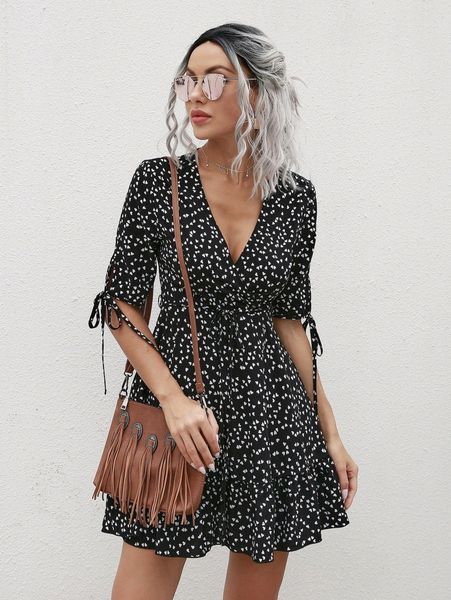 

knot cuff allover heart print belted dress e2ol#, Black;gray