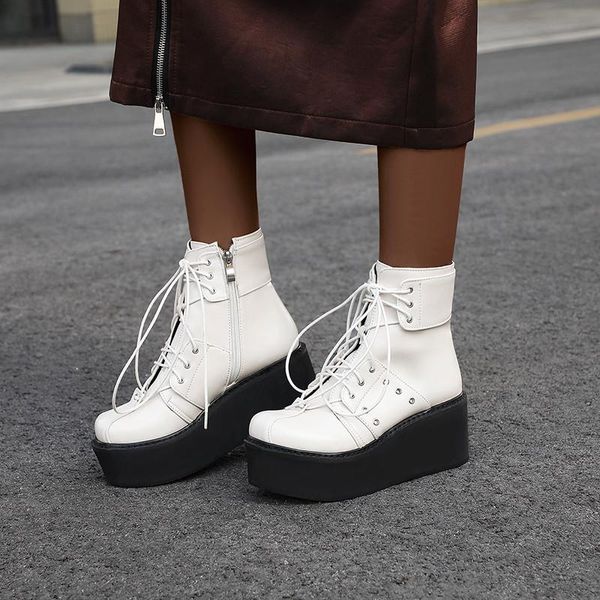 

boots ymechic black white cross tie lace up platform wedges shoes winter thick sole gothic punk combat ankle for women