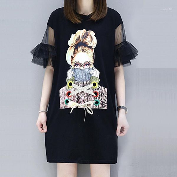 

women's t-shirt xl-5xl large size t shirts printed beauty women summer gauze mesh flare sleeve long bandages tee female oversize shirt, White
