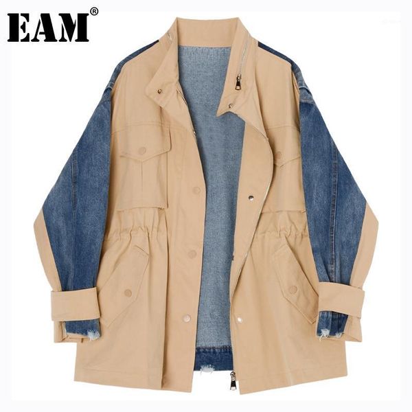 

eam] loose fit khaki denim stitch big size jacket new stand collar long sleeve women coat fashion spring autumn 2020 1dc5041, Black;brown