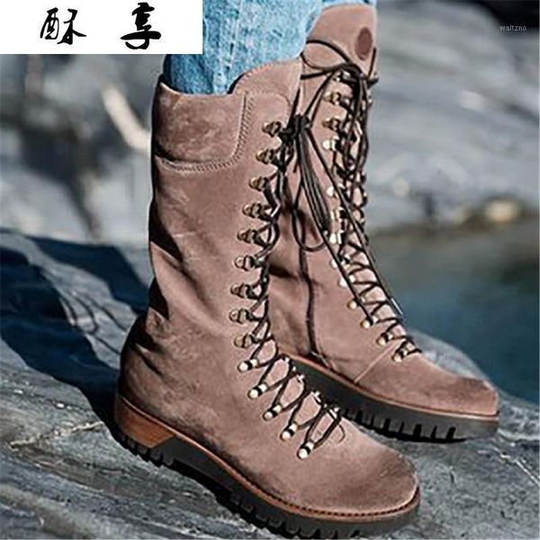

2020 new autumn women shoes fashion retro pu leather zipper lace up mid-calf boots for women mid heel platform shoes botas mujer1, Black