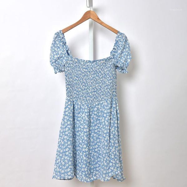 

casual dresses 2021 summer square collar mini dress floral print ladies slim waist pleated puff sleeve short for holiday casual1, Black;gray