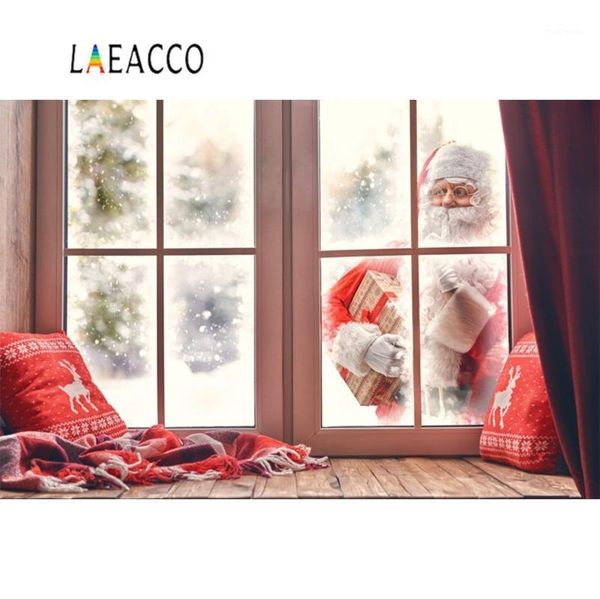 

laeacco merry christmas festivals santa claus winter snow window pillow wreath party baby p background pgraphy backdrops1