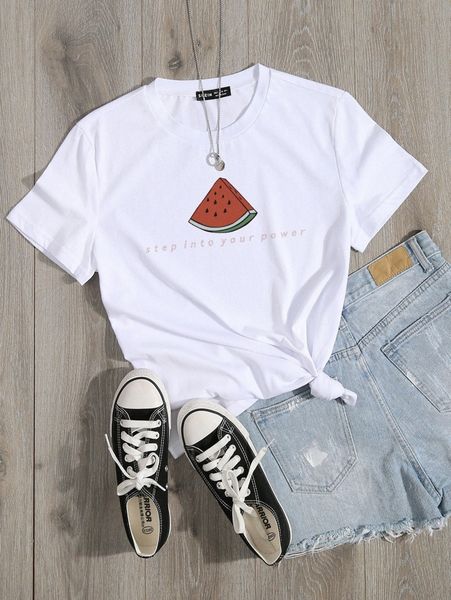 

watermelon & slogan graphic tee e3br#, White