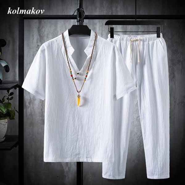 

two pieces (t-shirt + trousers) 2021 new style summer men t-shirt cotton and linen t-shirts men's casual t-shirts, Gray