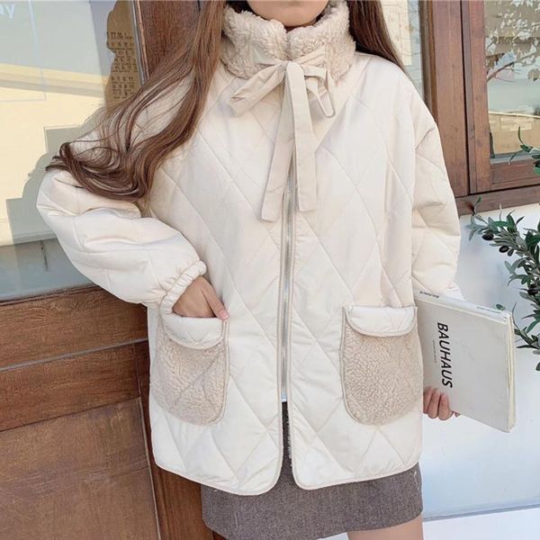 

women's down & parkas women sweet cotton padded jacket lamb wool coat female winter korean style loose pockets plush thick warm, Black