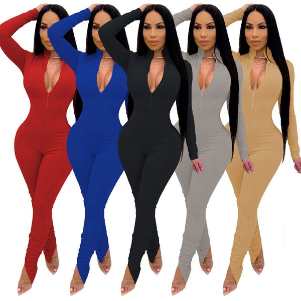 

Women's European and American casual solid color long-sleeved slim sexy zipper bottoming outer wear jumpsuit, Black;white