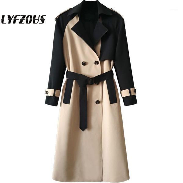 

brand trench coat for women autumn female slim sashes office work windbreaker contrasting colors outerwear long trench 1, Tan;black