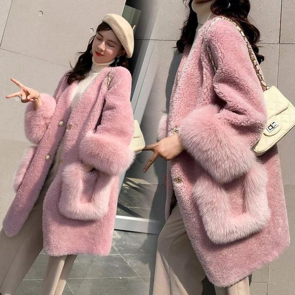

winter sheep sheared fur coat women thick warm faux fur jacket coat womens long slim sheep sheared parka pink coats, Black