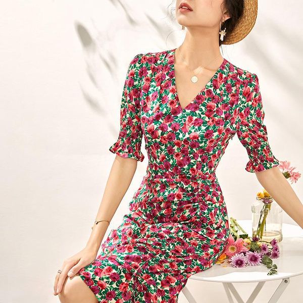 

2020 summer new french fashion korean v-neck ruffles short sleeves drawstring floral printed women chiffon break dress1, White;black