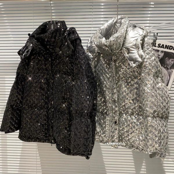 

2020 winter new short down cotton jacket hooded female fashion glossy sequins hooded loose coat women puffer parka my407, Black
