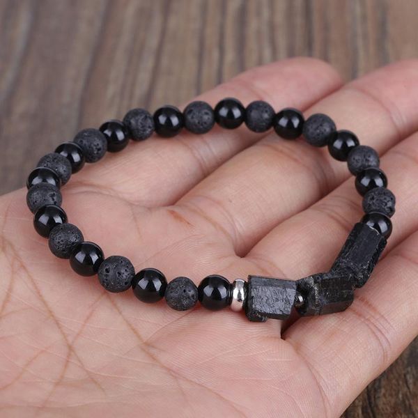 

natural rough black tourmaline healing stone bead strand combo 6mm round matte onyx lava charm bracelet for man women
