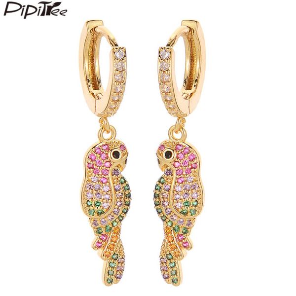 

pipitree luxury bird parrot earrings loops full micro paved cubic zirconia charm women ladies hoop earrings party jewelry brinco, Golden;silver