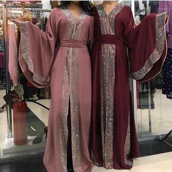 

luxurious diamond beading muslim robes dubai fashion female full length abaya muslim dress robes with belt1, Red