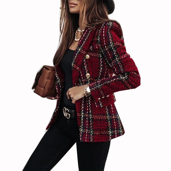 

stylish lady plaid printed blazer 2020 autumn women long sleeve double breasted notched chic elegant office lady blazer outwear, White;black