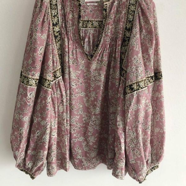 

women dress vintage v-neck lantern sleeve shirt with pleated floral print on chest1, Black;gray